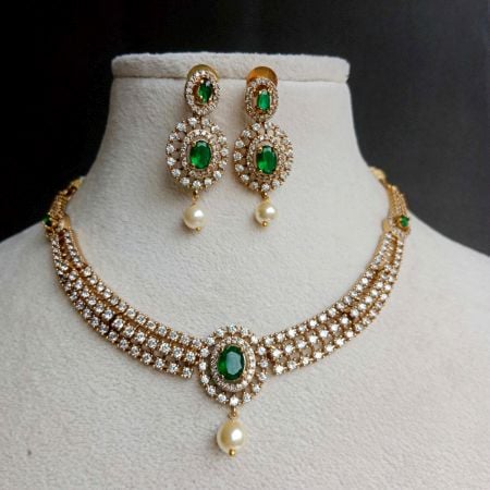 Handmade Brass Metal Jewellery Green Pearl Necklace Set